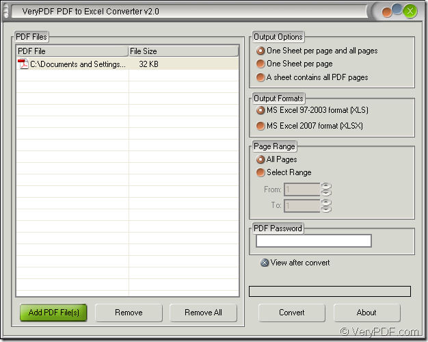 interface of pdf to excel converter