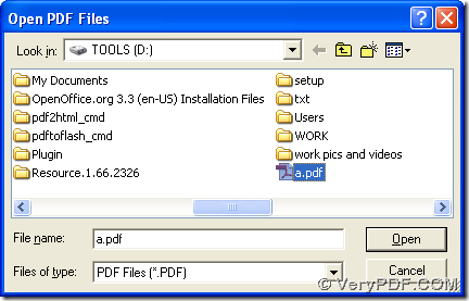 dialog box of "Open PDF Files" for adding PDF