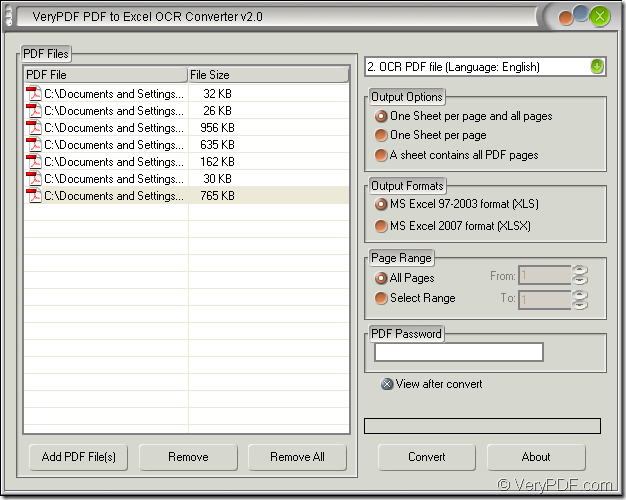 add PDF files into PDF to Excel OCR Converter