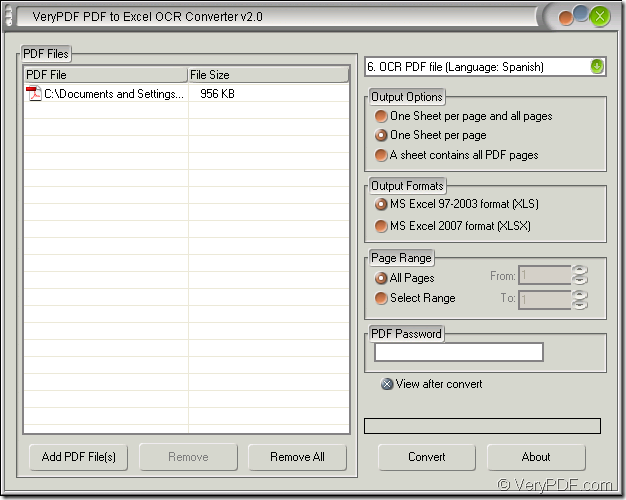 main window of PDF to Excel OCR Converter