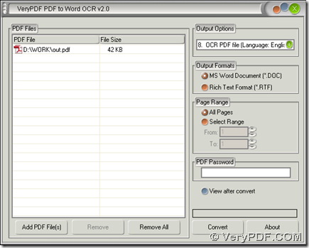 interface of PDF to Word OCR Converter for process from scanned PDF to Word