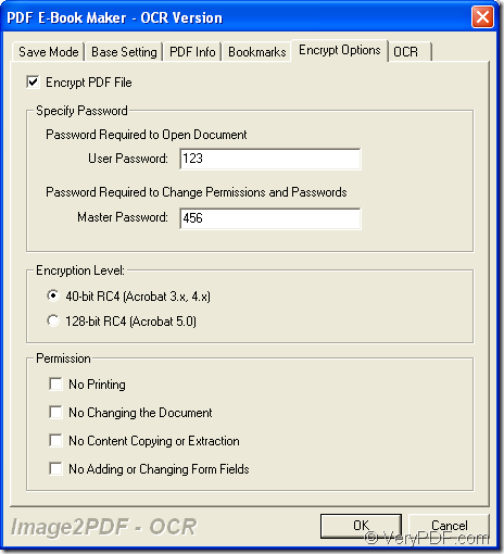 set PDF password in PDF E-Book Maker-OCR Version dialog box