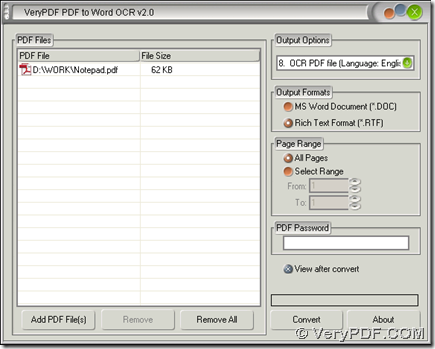 interface of PDF to Word OCR Converter in order to convert PDF to RTF with OCR technology