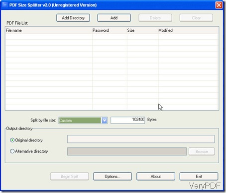 interface of PDF Size Spliter