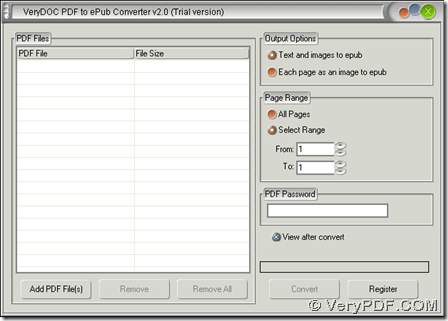 GUI interface of PDF to ePub Converter