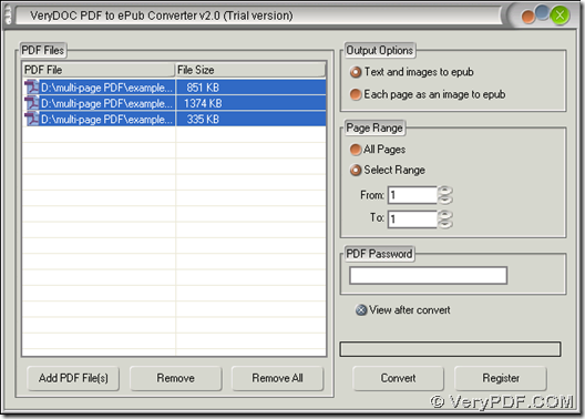 GUI interface of PDF to ePub Converter for producing epub files