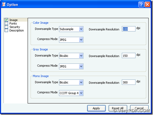 Option panel for you to resize image in PDF in batches