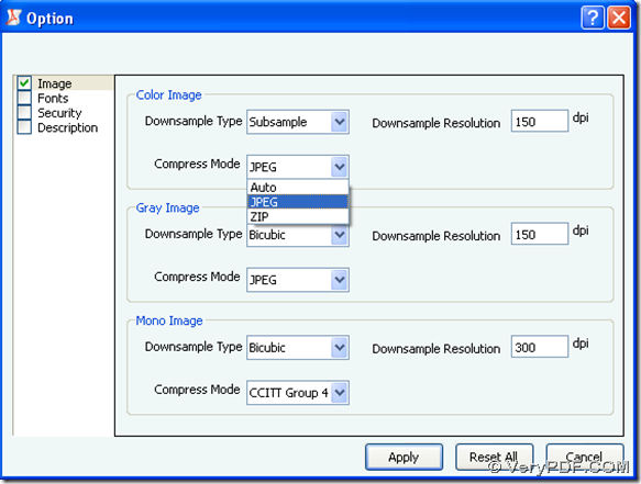 Option panel for you to compress PDF files with several ways