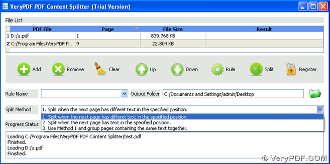 Interface of PDF Content Splitter