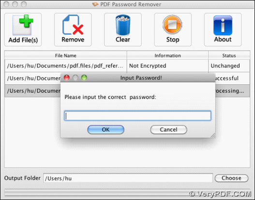 Pop window with interface of PDF Password Remover for Mac OS X