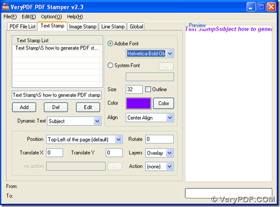 Interface of VeryPDF PDF Stamp for you to generate PDF stamp of text