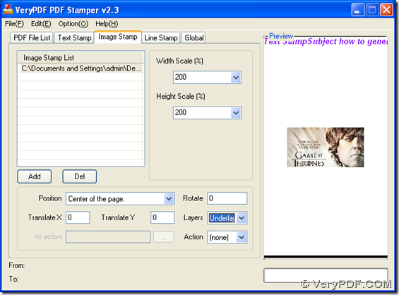 Interface of VeryPDF PDF Stamp for you to generate PDF stamp of image