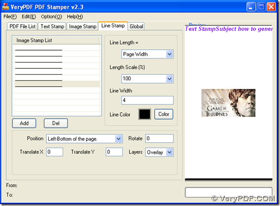 Interface of VeryPDF PDF Stamp for you to generate PDF stamp of line