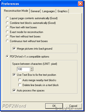 set parameters for the conversion from pdf to word