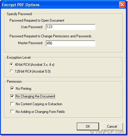 set parameters to encrypt pdf