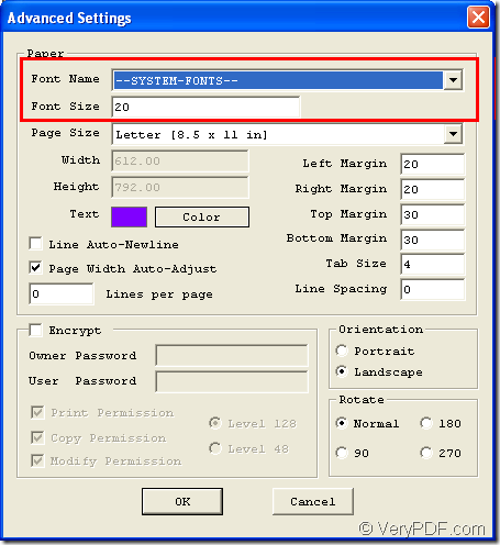 specify pdf font in Advanced Settings dialog box
