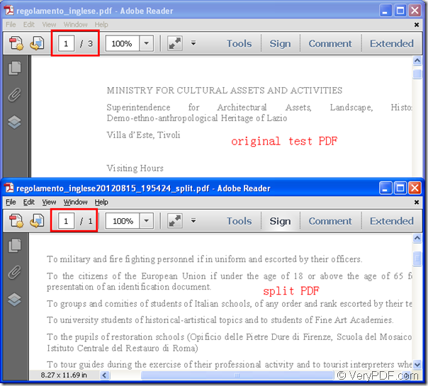 comparison between original PDF and split PDF