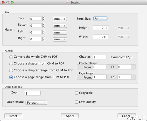 Setting menu option of CHM to PDF Converter for Mac