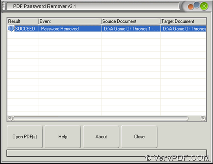 GUI interface of VeryPDF PDF Password Remover after removing PDF passwords with restrictions