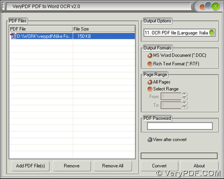 GUI interface of VeryPDF PDF to Word OCR Converter with added image PDF