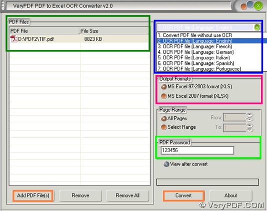 Convert encrypted image PDF to editable Excel with GUI interface of VeryPDF PDF to Excel  OCR Converter