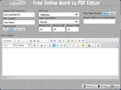 free online Word to PDF Editor software interface