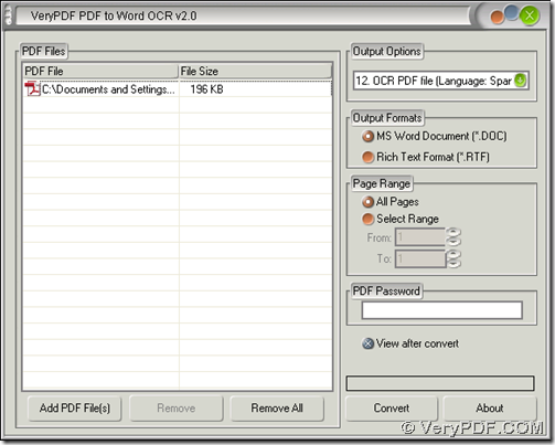 GUI interface of VeryPDF PDF to Word OCR Converter