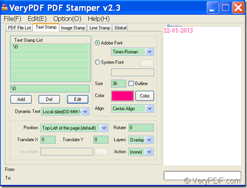 add local date at top left of PDF file with VeryPDF PDF Stamp