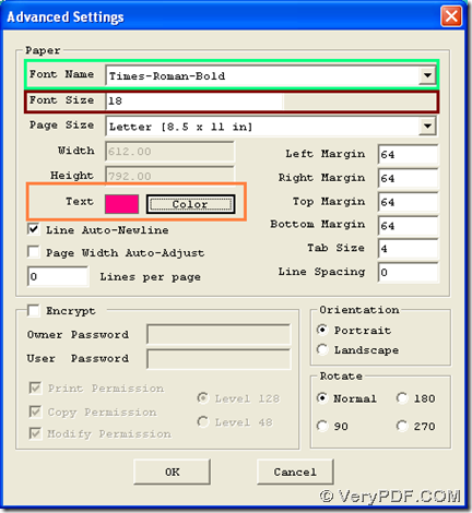 Set specific font name, font size and font color during converting text to PDF with GUI interface