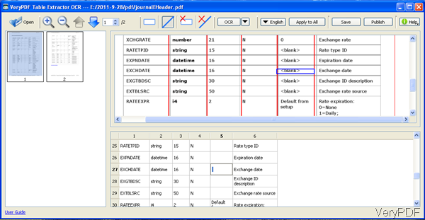 software interface of Table Extractor OCR