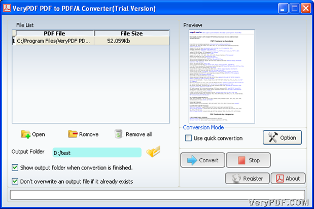 GUI interface with setttings for converting PDF to PDF/A 