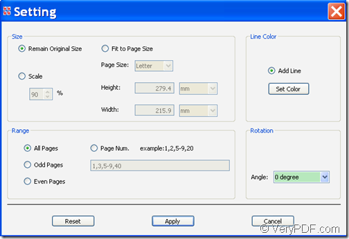set page size,page range,rotation angle,etc. for the combined PDF pages