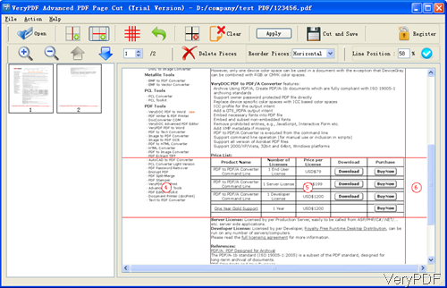 software interface of Advanced PDF Page Cut