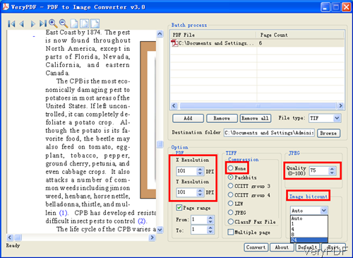 software interface of PDF to image Converter