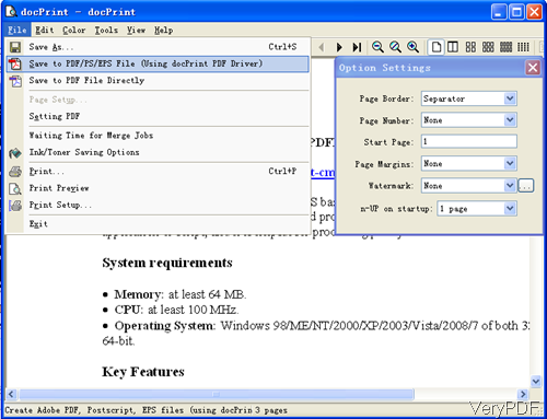 software interface of docPrint