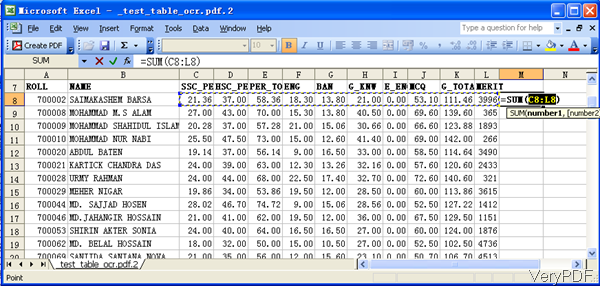 output Excel file
