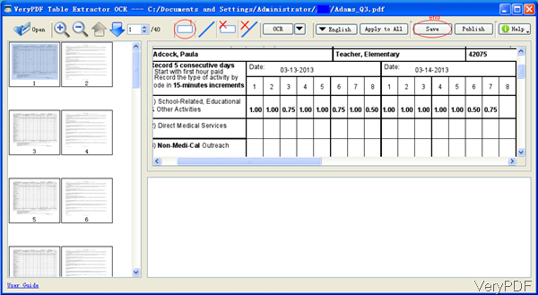 software interface of Table Extractor OCR