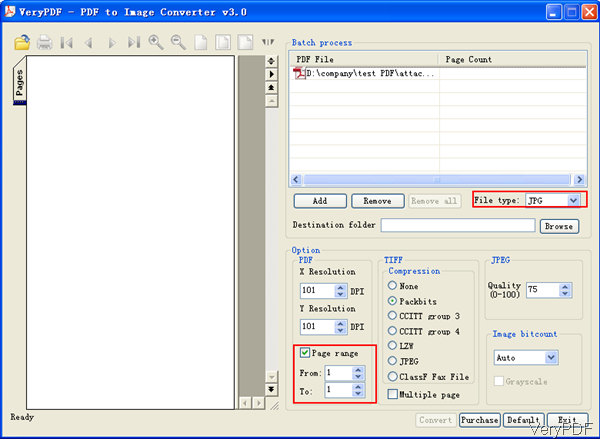 software interface of PDF to Image