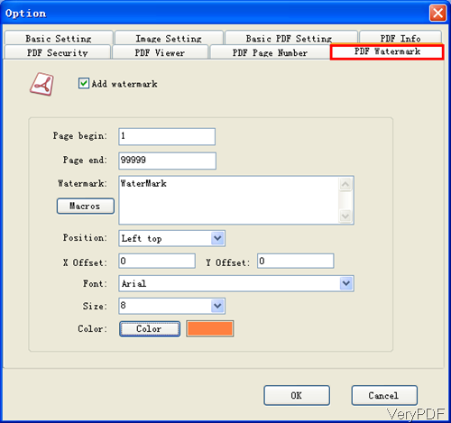 PDF Watermark options tab