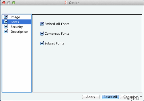 option setting menu of PDF compressor