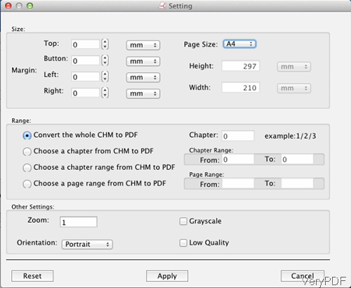 setting menu option of CHM to PDF Converter