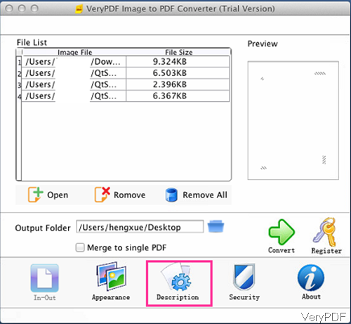 software interface of image to PDF