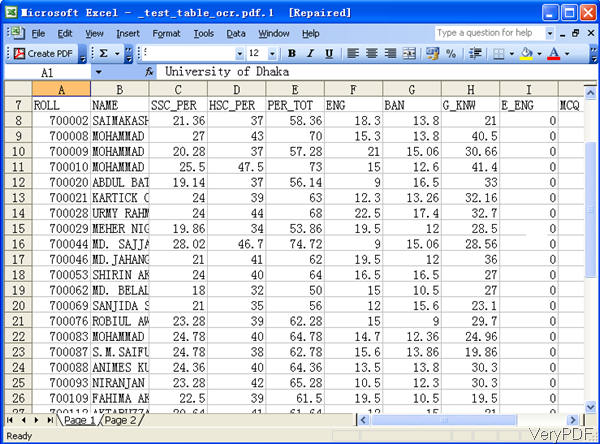 output table Excel file