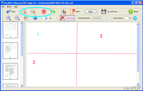 software interface of PDF page cut